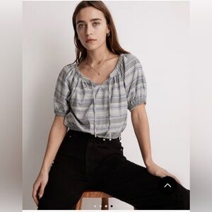 Madewell Puff Sleeve Oversized Smocked 100% Cotton Crop Blouse